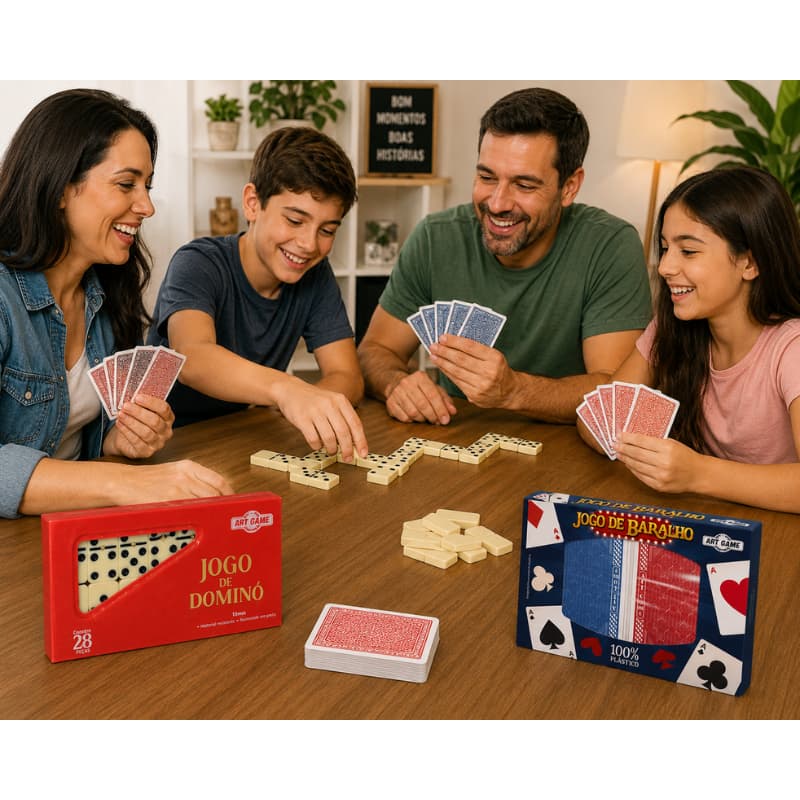 Kit Dominó E Baralho Art Game Completo Jogos Clássicos Diversão Para Toda Família Amigos E Crianças