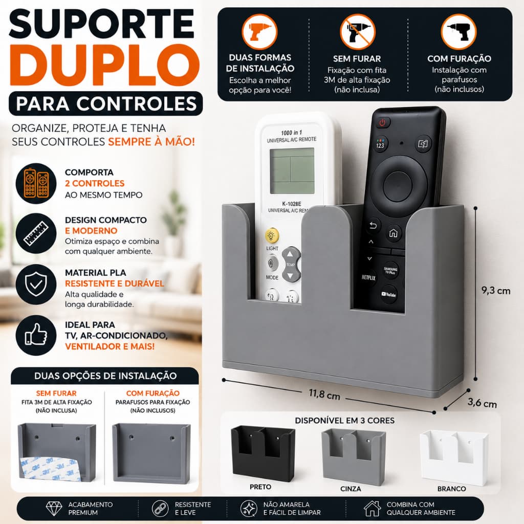 Suporte Duplo Para Controle Remoto TV e Ar Condicionado Organizador De Parede