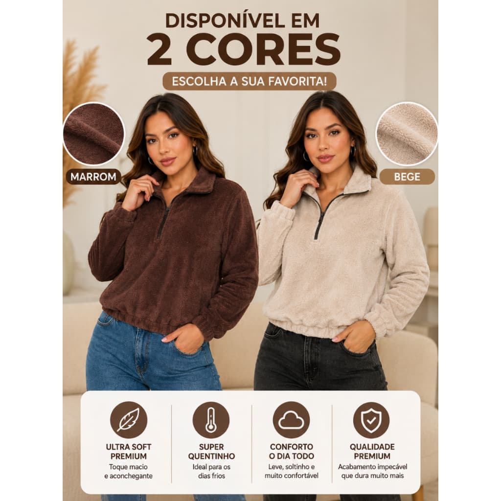 Blusa Feminina Casaco Moletom Pelúcia Zíper Inverno Ted Quentinha Soft Premium Aero Look Frio