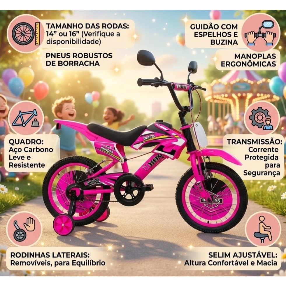 Bicicleta Infantil Moto Cross Aro 16 Rosa 💖 Com Rodinhas Freio Duplo 🏍️ Até 50kg Infantil Menina 🎁