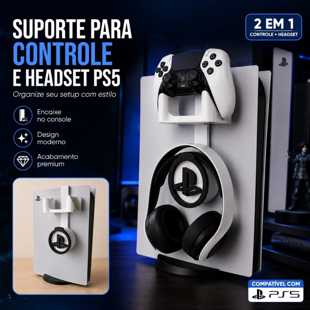 Suporte Console PS5 Porta Controle e Headset Compatível Playstation 5