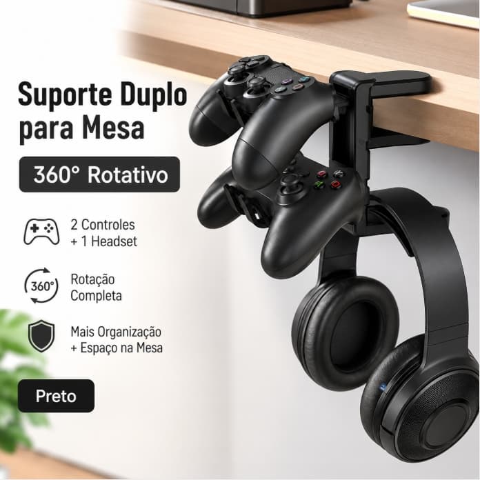 Gancho Duplo para Controle e Fone de Ouvido, Suporte de Mesa Ajustável, Rotação 360°, Ideal para Gamers
