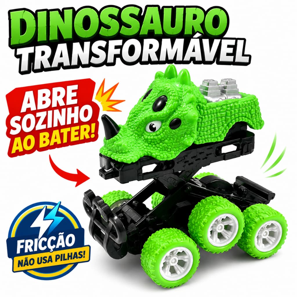 Carrinho Dinossauro tipo Monster Truck Transformavel De Fricçao 360 graus Abre Quando Bate e Rola