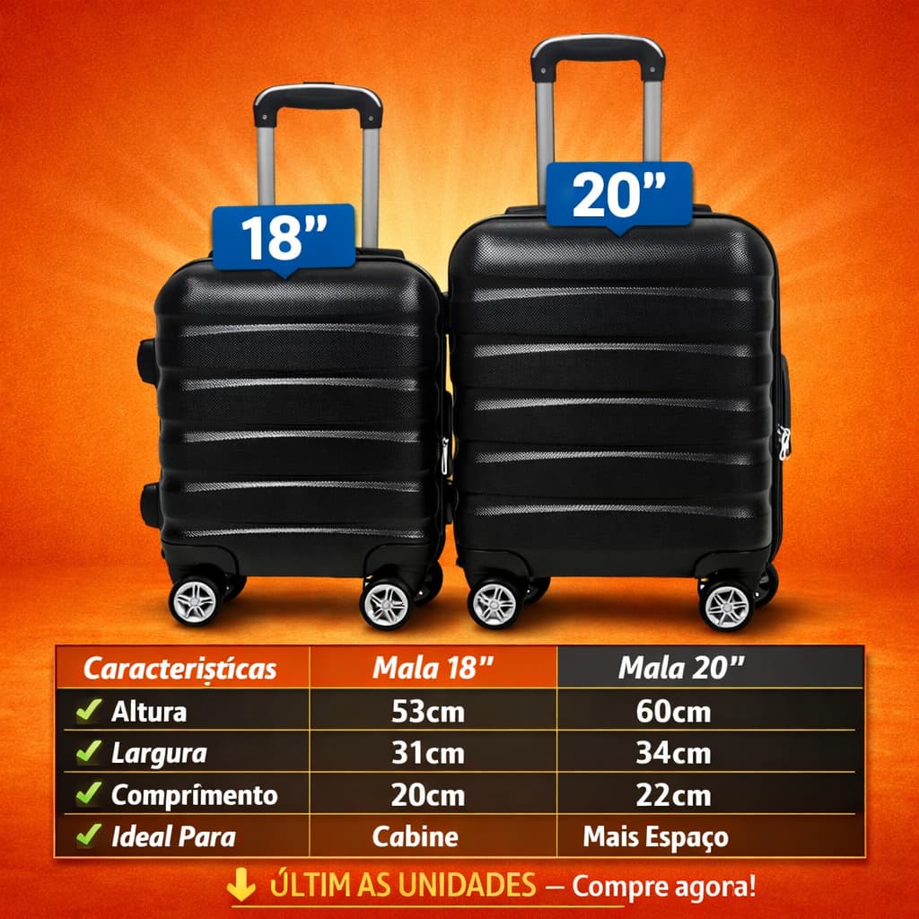🔥 KIT 2 MALAS DE VIAGEM RÍGIDAS 18'' + 20'' COM RODINHAS 360° PRETA 🔥