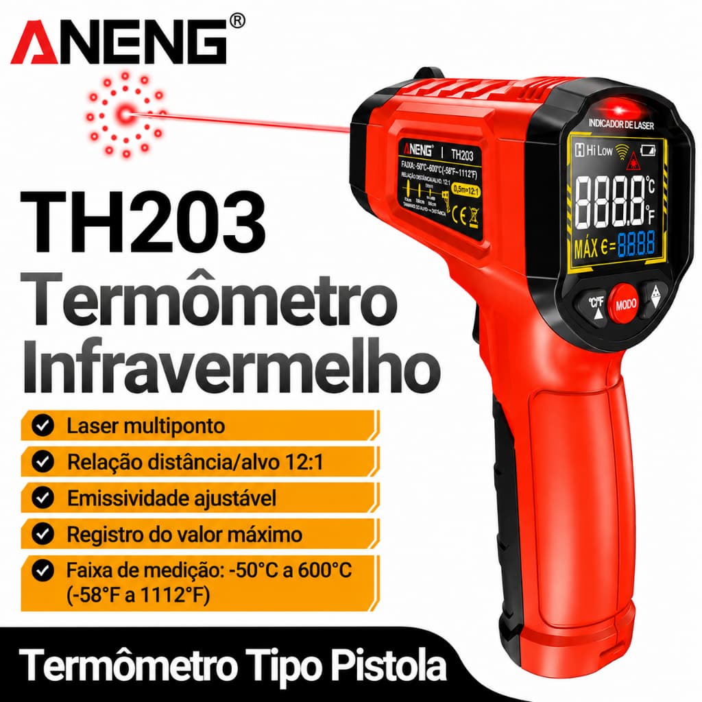 Termômetro infravermelho digital ANENG TH203 -50 ~ 600 ºC Medidor de temperatura - Vermelho