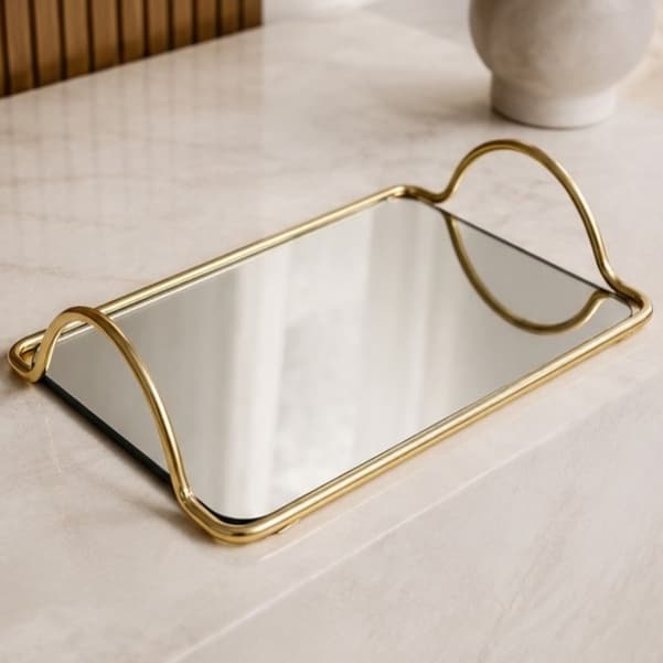 Bandeja Espelhada Decorativa Dourada Com Alças Luxo Lavabo Banheiro Aparador Sala Joia Mesa Centro Perfumes Organizador