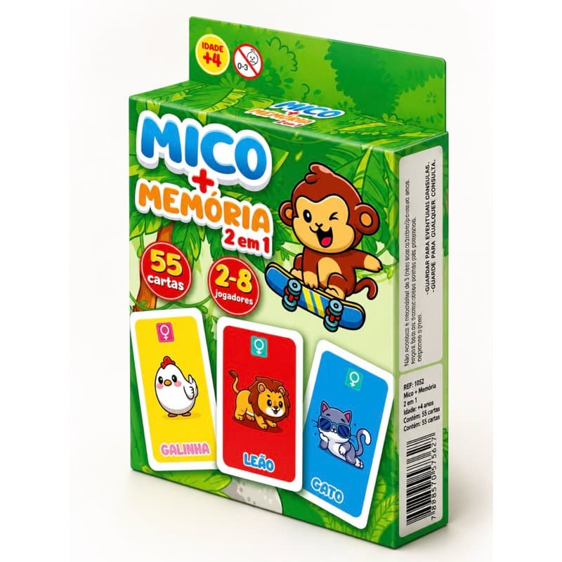 Jogo da Memória Infantil Mico + Memória 2 em 1 55 Cartas Educativo Animais 2 a 8 Jogadores