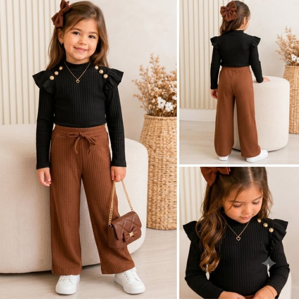 conjunto Infantil Menina calça + blusa com babado e botoes  Canelada com bolso   Moda Blogueira 4 ao 12 inverno