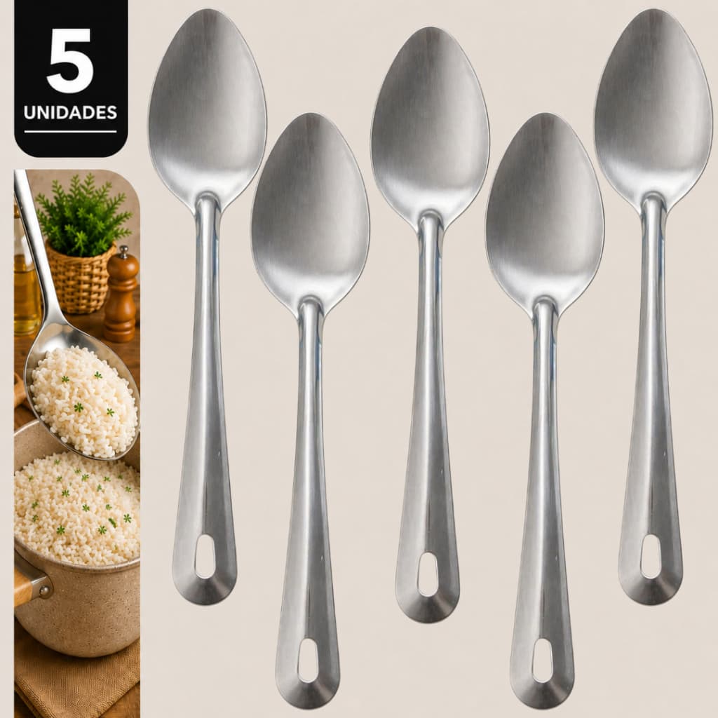 Colher de Servir Inox 25cm Resistente Cozinha Arroz Feijão Salada Kit 5 Unidades