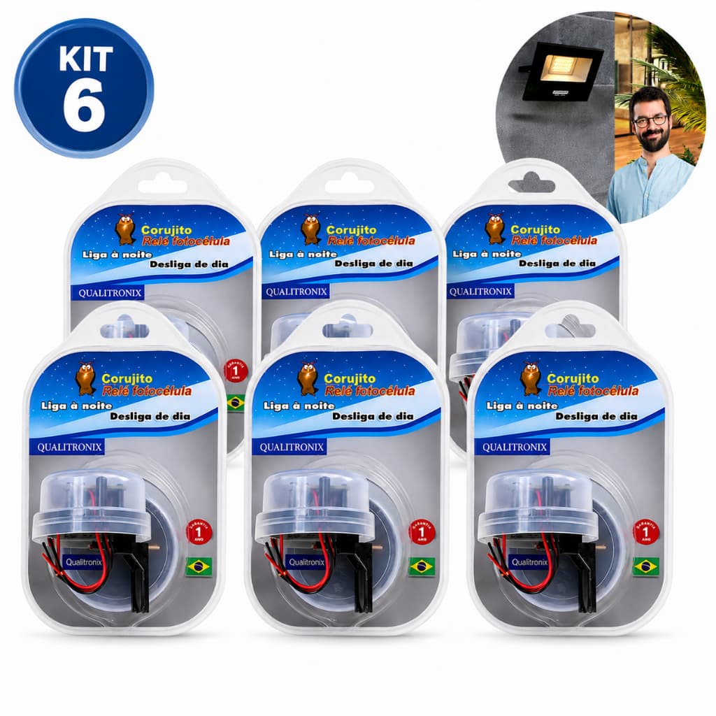 KIT 6 Relé Fotocélula Corujito Fácil Bivolt automático Noturno Com Suporte/Base Qualitronix QR51