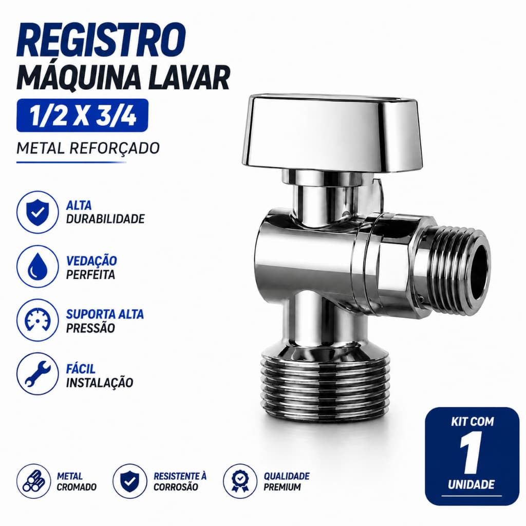 Registro Máquina de Lavar 1/2x3/4 Metal Reforçado Cromado | 1 Unidade | Jardim Tanque