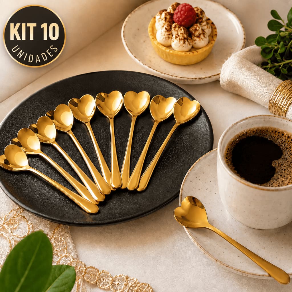Kit 10 Colher de Coração Douradas  Aço Inoxidável Luxo para Café Chá  Sobremesa
