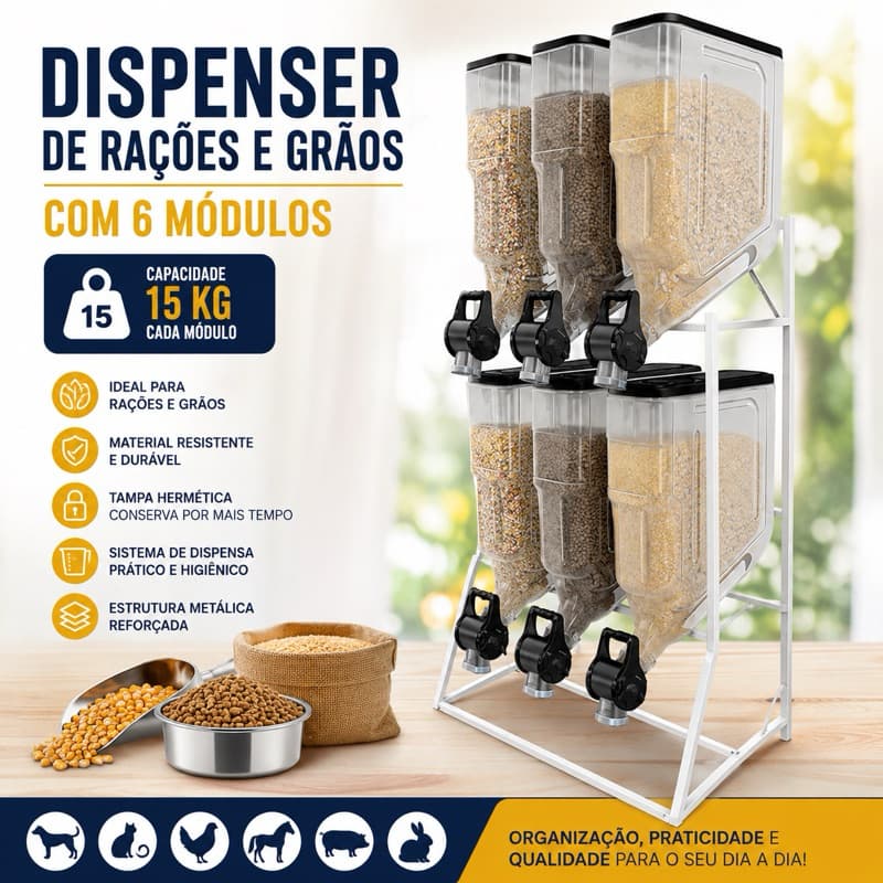 Dispenser full de Ração e Grãos 6 Módulos 35L com Suporte em Metal e Dosador por Alavanca