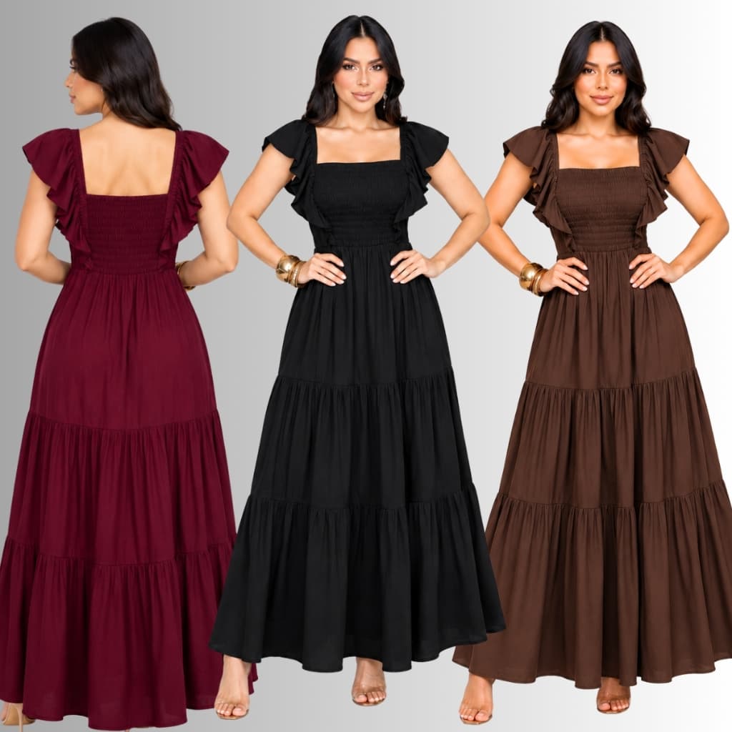 Vestido Longo Feminino com Babado na Manga e Elastex Moda Evangelica