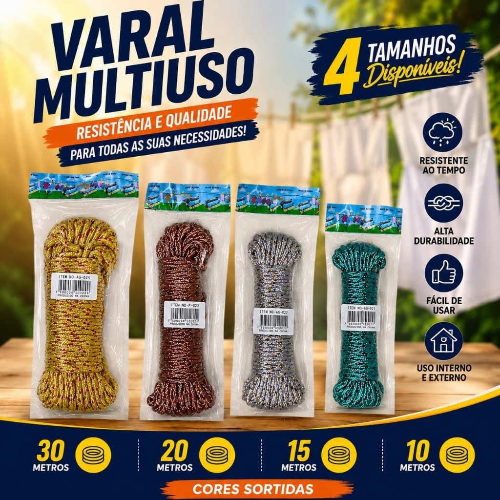 Cordas Multiuso de 10 15 20 e 30 Metros Super Resistente para Varal Camping Lona Moto e Uso Geral
