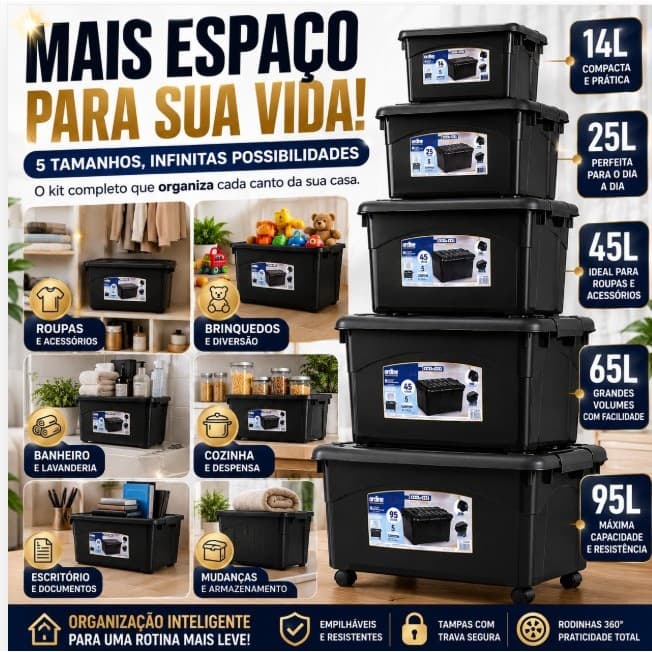 Kit 5 Caixas Organizadoras com Tampa Trava e Rodinhas 14L 25L 45L 65L 95L Ordinare Elite