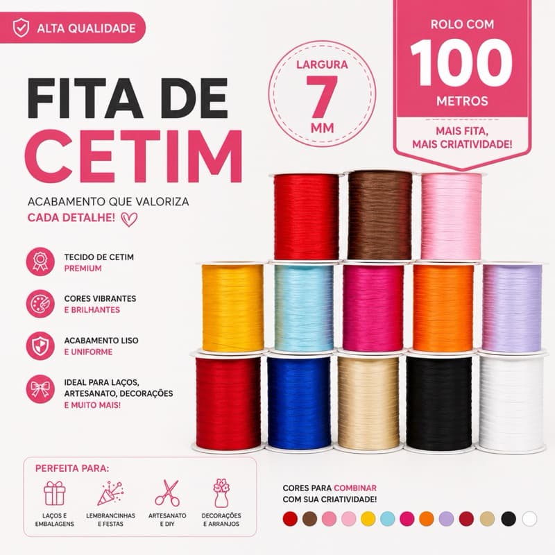 Fita de Cetim Lisa - 7MM / 100MT - Diversas Cores