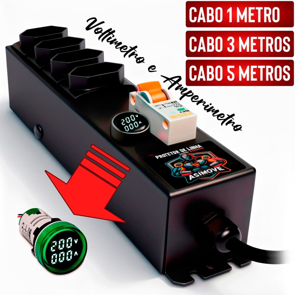 Filtro De Linha 20A Com 4 Tomadas Disjuntor Voltímetro e Amperímetro (Extensão 1m 3m 5m) Asimove