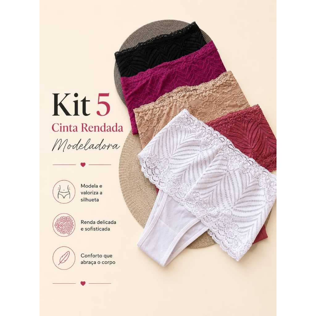 Kit 5 Cinta Rendada Calcinha Modeladora Cintura Alta Calcinha Algodão Confortável