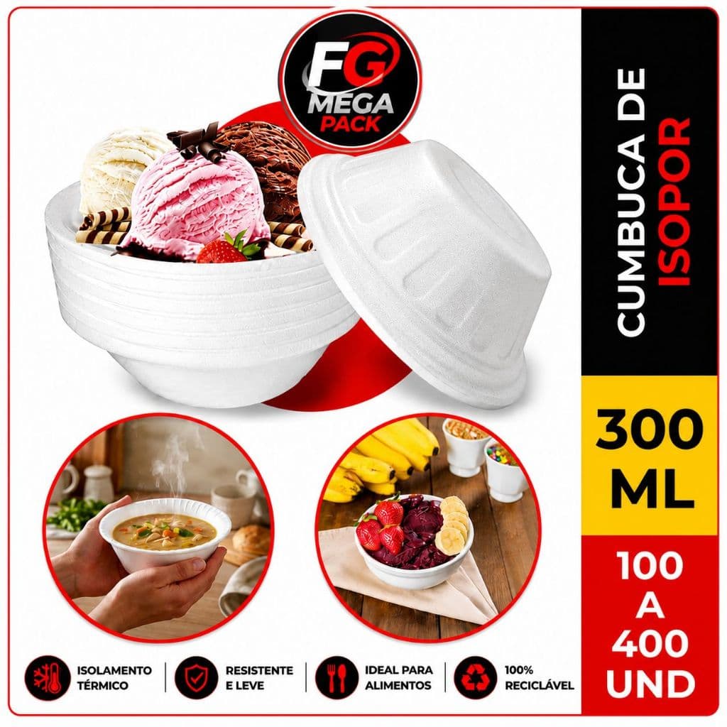 Cumbuca de Isopor 300ml Descartável Para Caldos Sopas Açaí Sorvetes Marmitas e Delivery