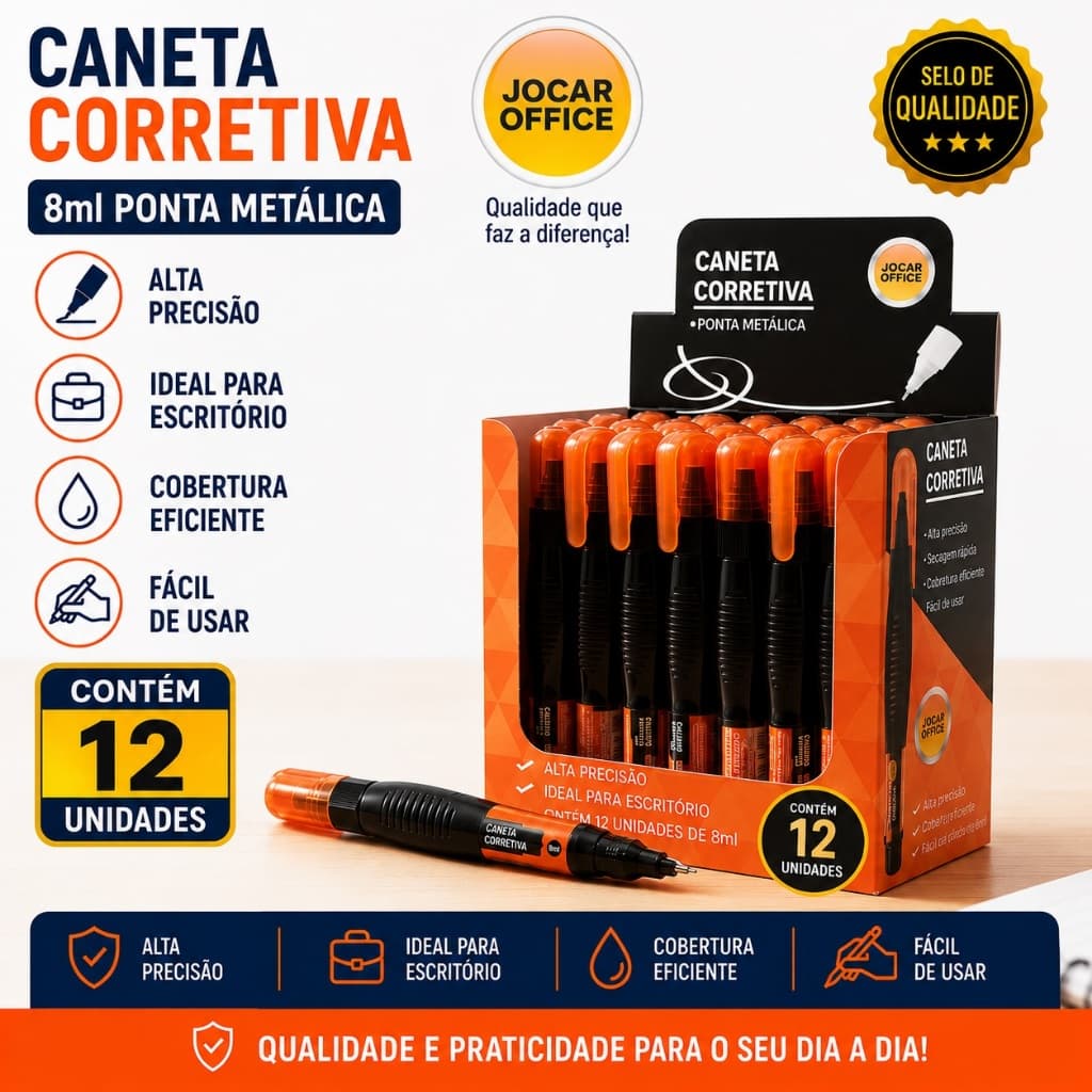 Caneta Corretiva 8ml - 12 Unidades Ponta Metálica de Alta Precisão Escritório Papelaria Jocar Office
