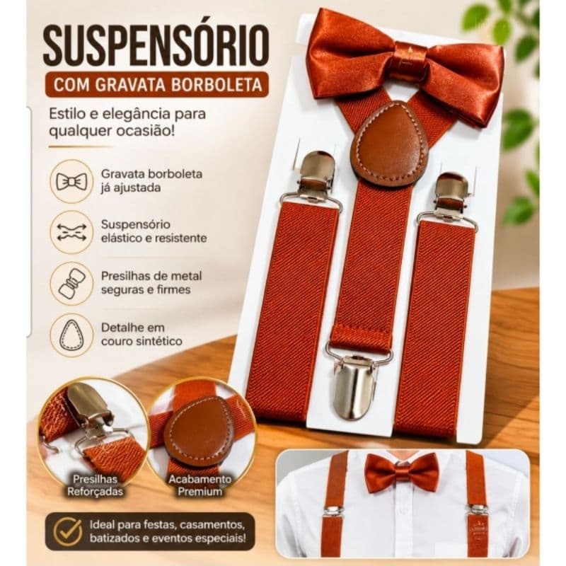 kit Suspensório + Gravata Borboleta Terra Cota Infantil Premium Casamento Padrinho Noivo pagem