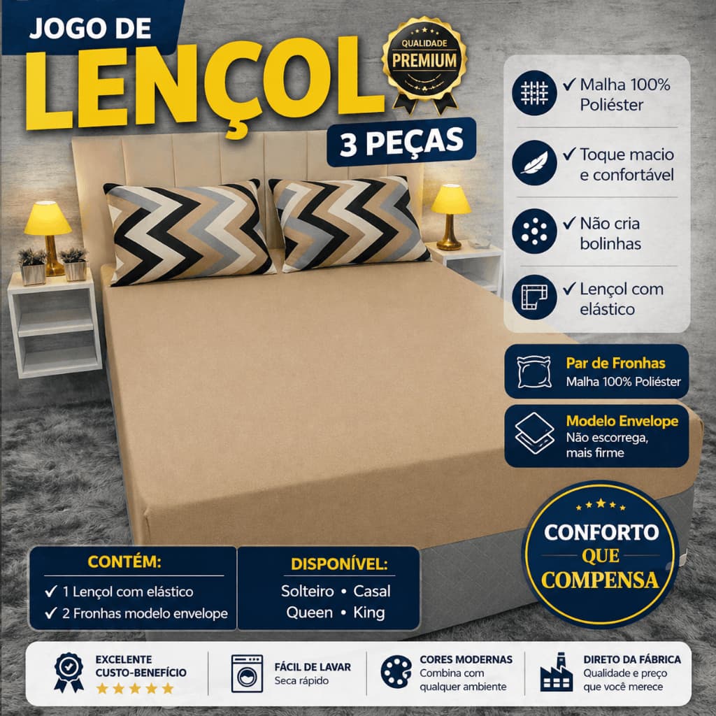Lençol King Size Com Elástico 3 Peças 300 Fios Acetinado