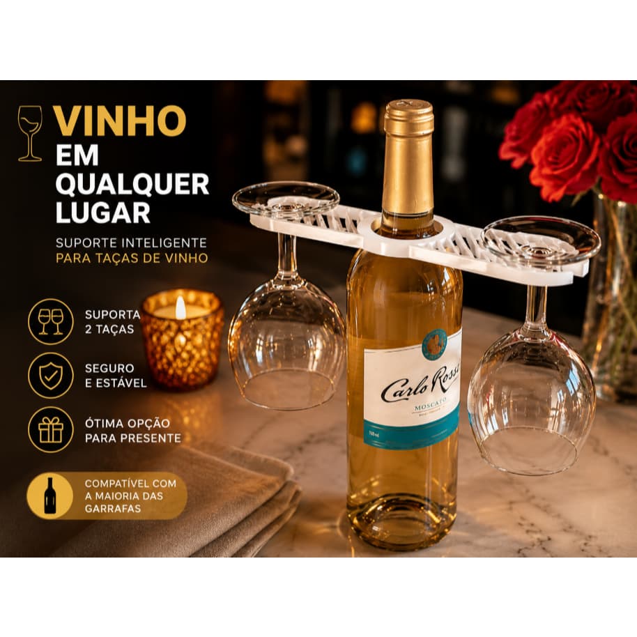 Suporte Para Taças de Vinho na Garrafa | Porta Taças 2 em 1 Decorativo