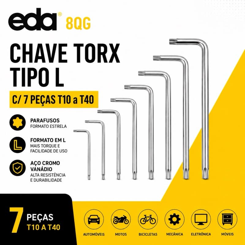Chave Torx T10 A T40 Jogo C/ 7 Peças Tipo L C/ Furo Guia