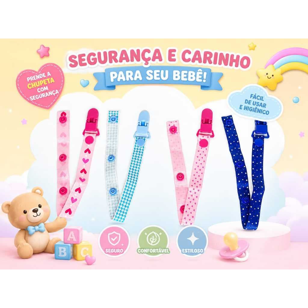 Prendedor De Chupeta Com Trava Botão Corrente Clipe Chupeta Menino e Menina