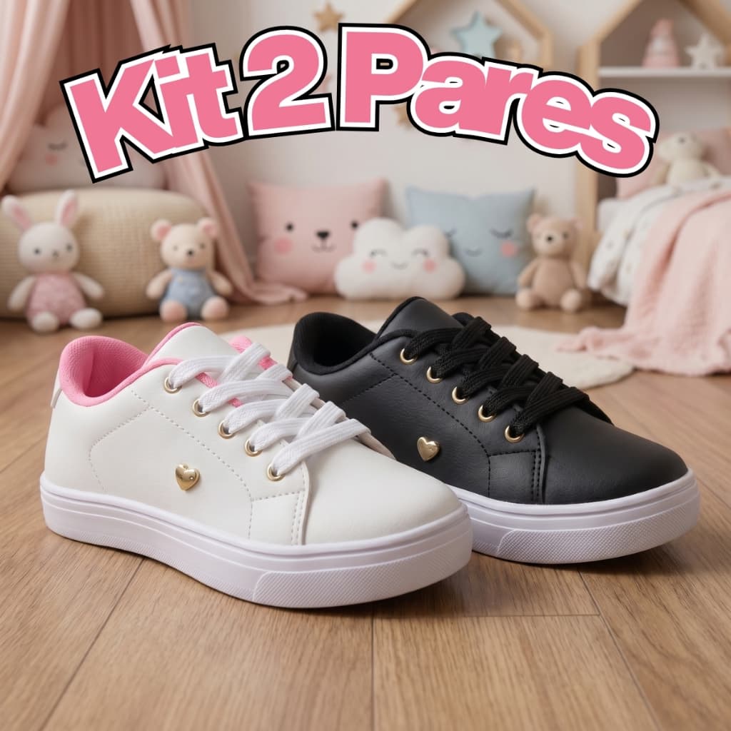 KIT 2 PARES Tênis Infantil Menina Escolar Leve e Antiderrapante Para Uso Diário - Oferta Relâmpago