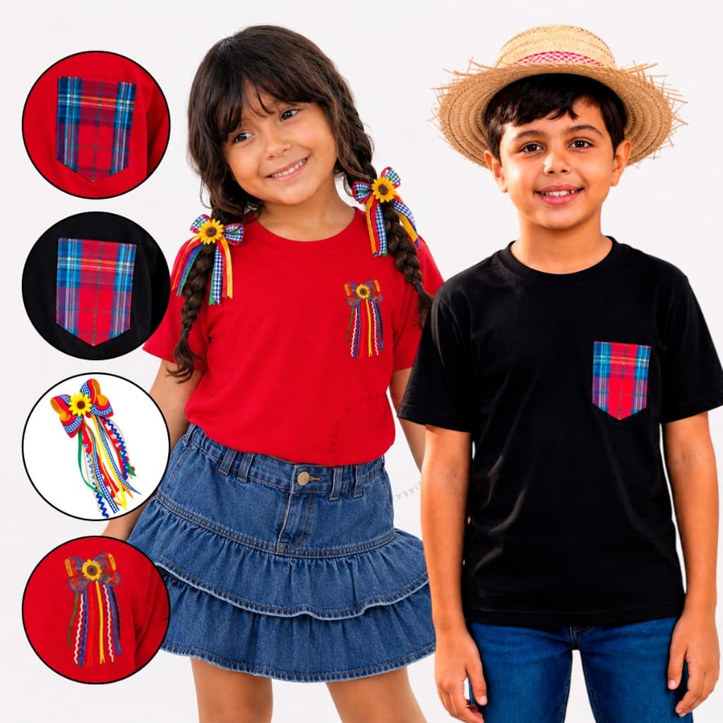 Camiseta Festa Junina Infantil Menina Unissex Algodão Manga Curta Estilo Julina Menino Temática
