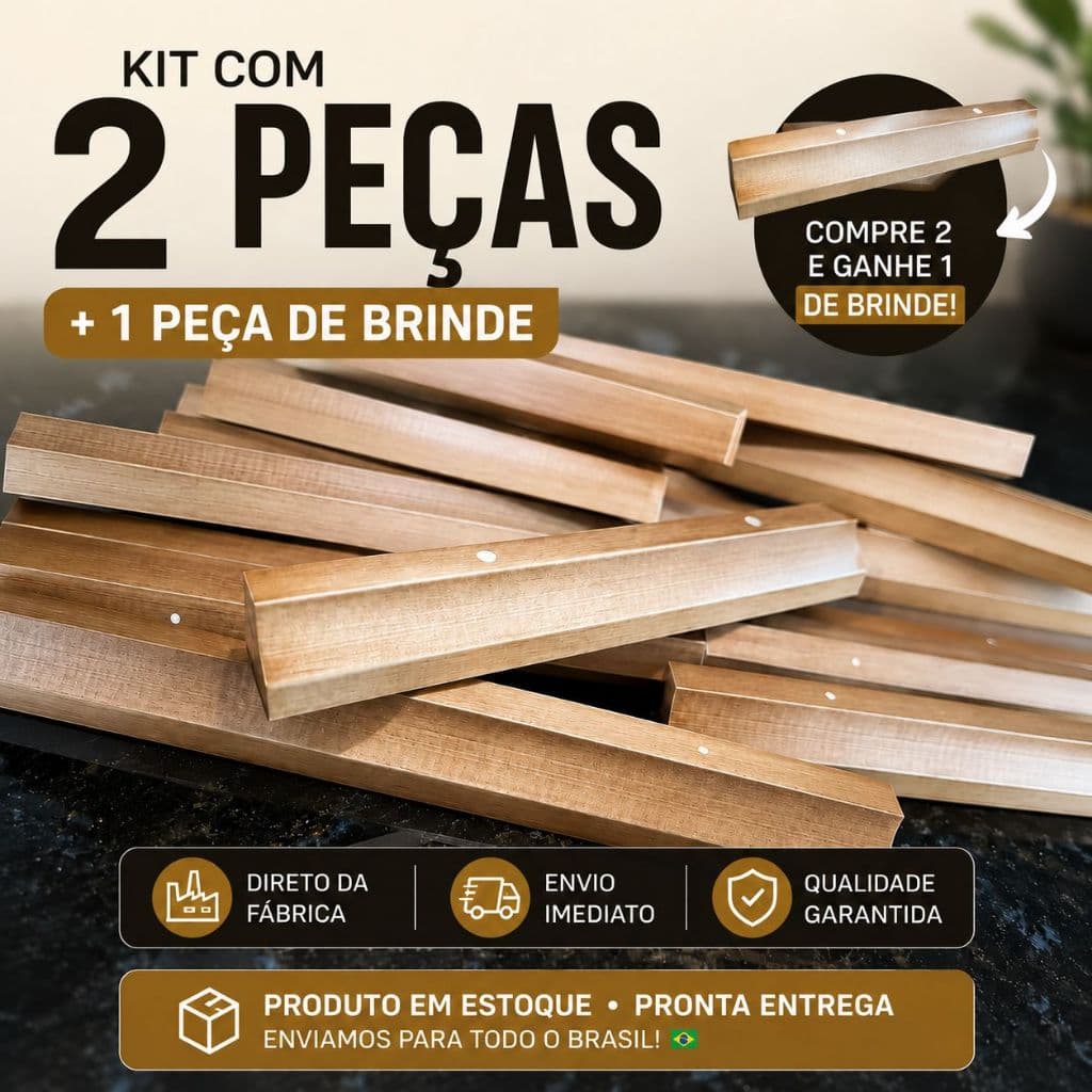 Kit 2 Puxadores Madeira Pinus Maciça 14cm + 1 Brinde | Pré-Furo | Direto da Fábrica