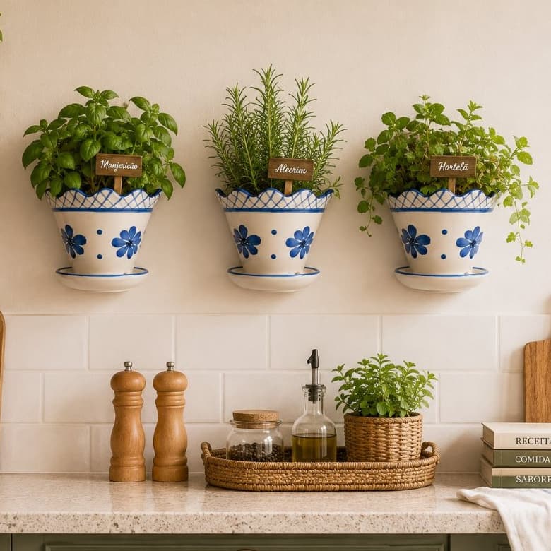 Kit Floreira de Parede em Cerâmica Esmaltada Pintada a Mão Decorativo para Plantas Vaso com Prato