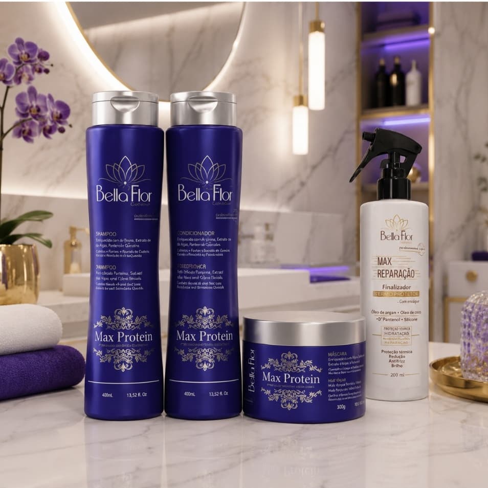 Kit Capilar Max Protein e Max Reparação 4 Produtos Shampoo Condicionador Máscara Reparador de Pontas Bella Flor