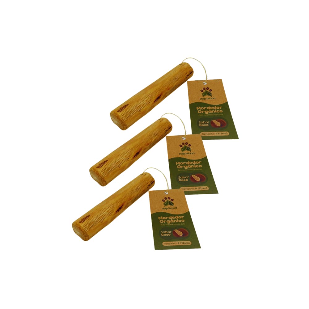 KIT 3 UNIDADES MORDEDOR HELPWOOD  CACHORRO SUSTENTÁVEL PET MADEIRA CAFÉ HIDRATADO ÓLEO CÔCO PREMIUM