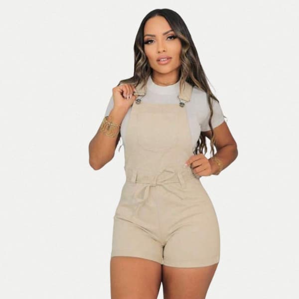 Macaquinho Short Jeans Feminino Alça Regulável Amarração Sofisticada Cintura Barra Dobrada