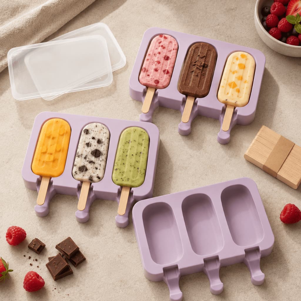 Kit 5 Formas de Picolé em Silicone com Tampa 250 Palitos Moldes para Sorvete Caseiro com Palitos Reutilizáveis
