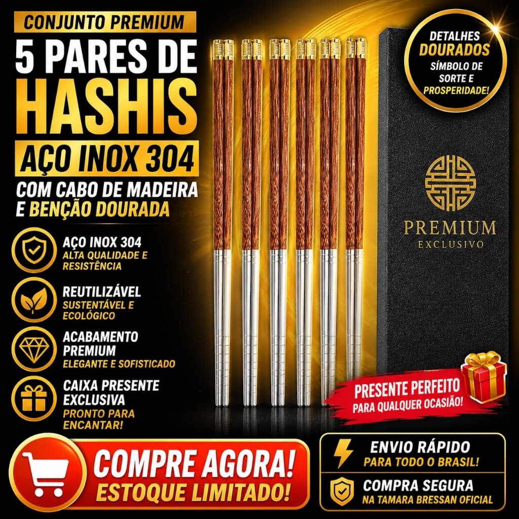 Hashis de Aço Inoxidável 304 com Cabo de Madeira  Dourada - QALIDADE TAMARA BRESSAN✔