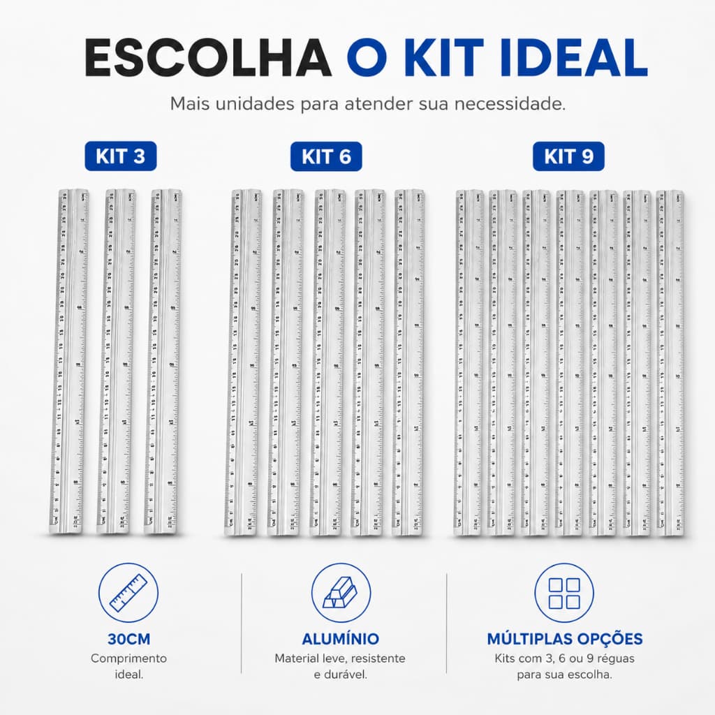 Kit 3/6/9 Réguas Alumínio 30cm Escolar Material Milimetro Polegadas Volta as Aulas Escritório Papelaria Aço Inoxidavel