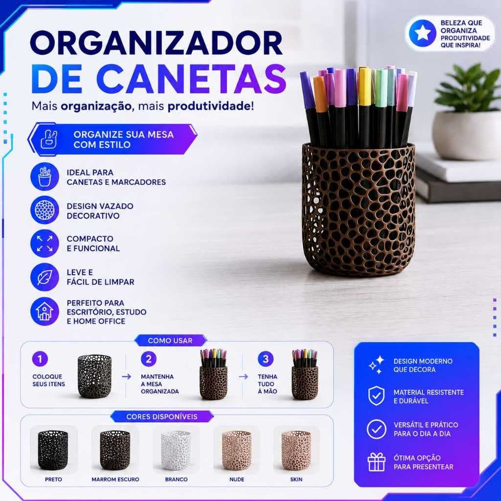 Organizador de Canetas Vazado Decorativo 3D