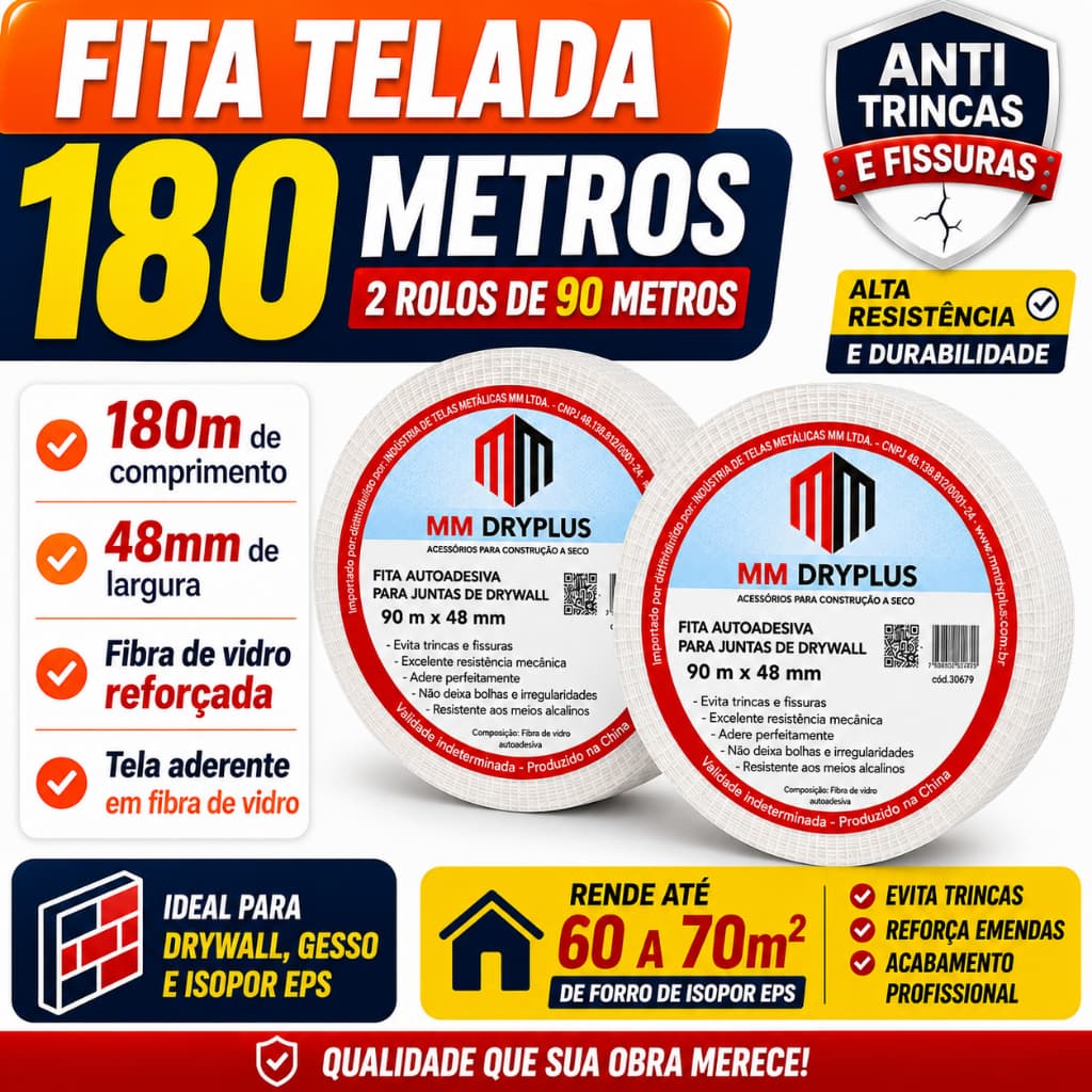 Fita adesiva de malha para drywall, fibra de vidro, branca, para rachaduras 180 metros