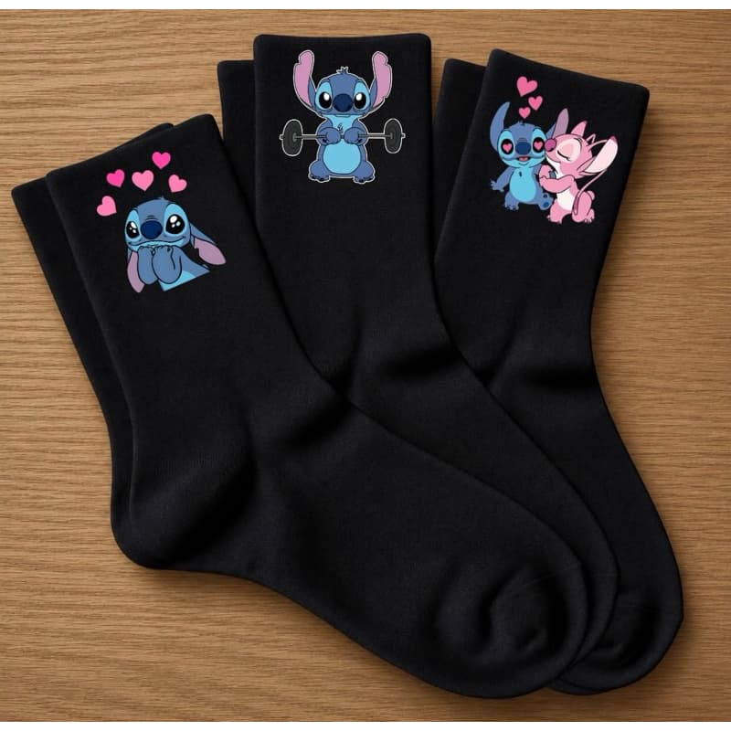 Meias Esportivas Pretas Kit Com 3 Pares Confortáveis Estilosas Estampa Stitch Algodão