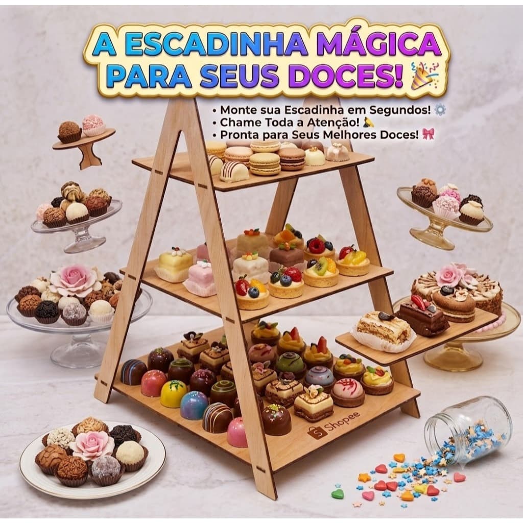 Porta Doces Escadinha 3 Degraus MDF Desmontável – Suporte Decorativo Mesa de Festa