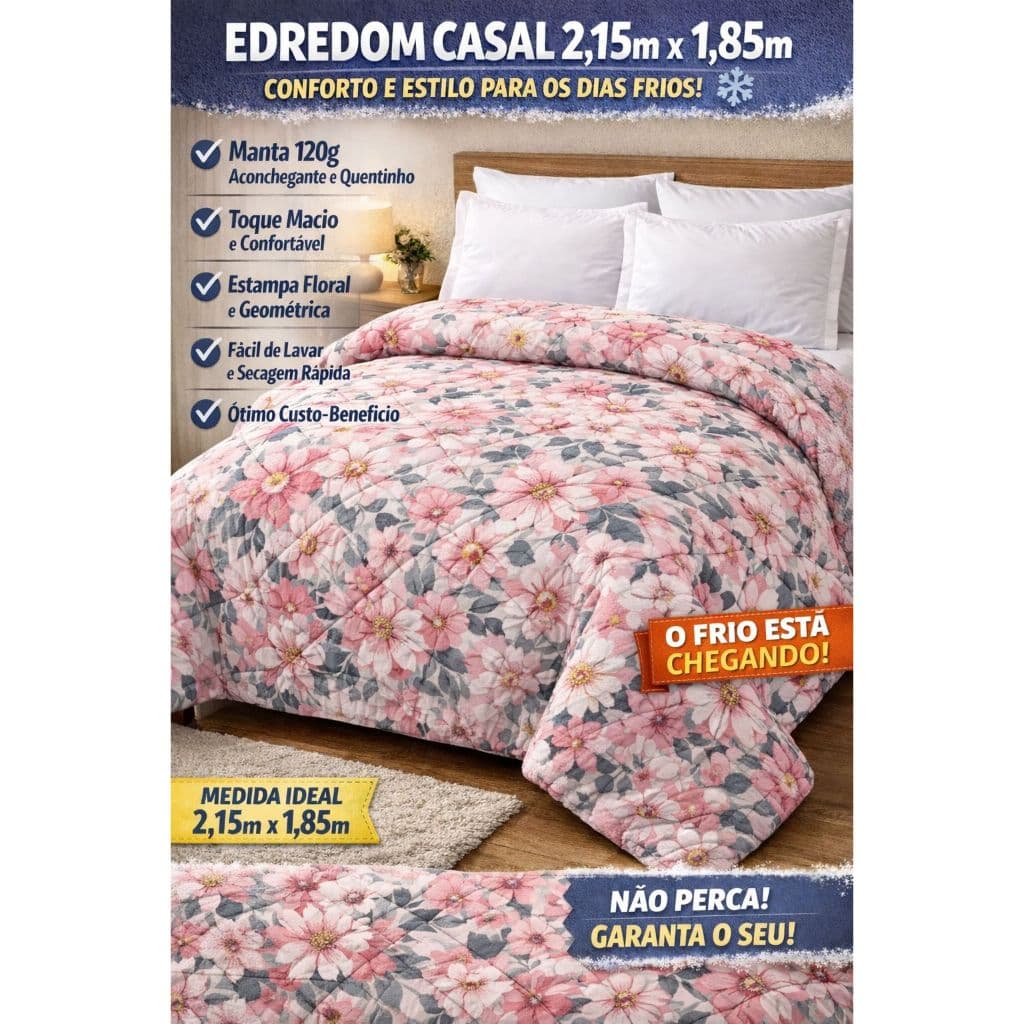 Edredom Casal 2x1,80 Estampado Dupla face Floral Neutro