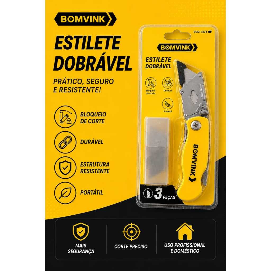 Estilete Profissional Dobrável Com 3 Laminas e Trava de Segurança