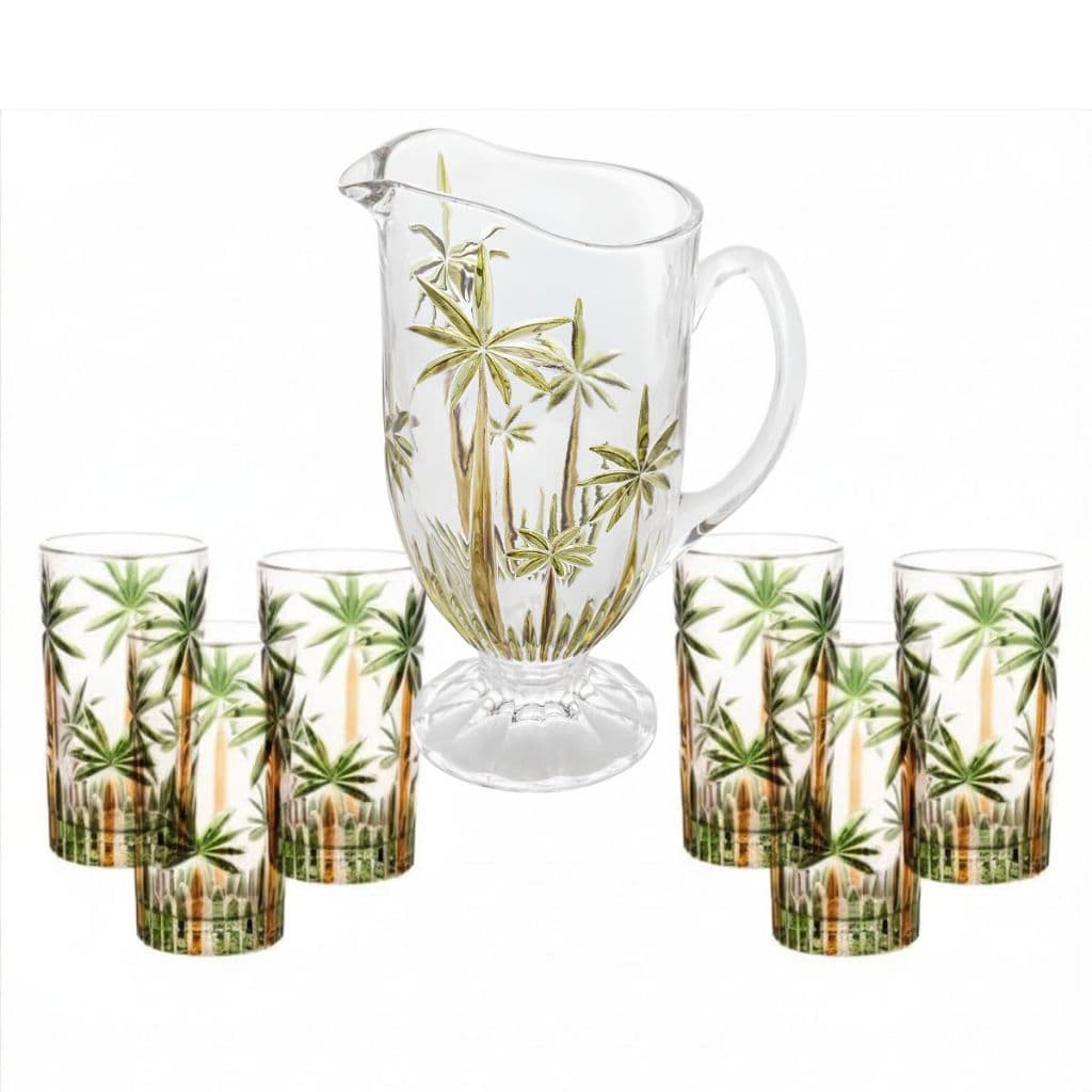 Jogo Jarra c/ 6 Copos 330ml Jarra 1,2l agua suco Cristal Coqueiros Palm Wolff