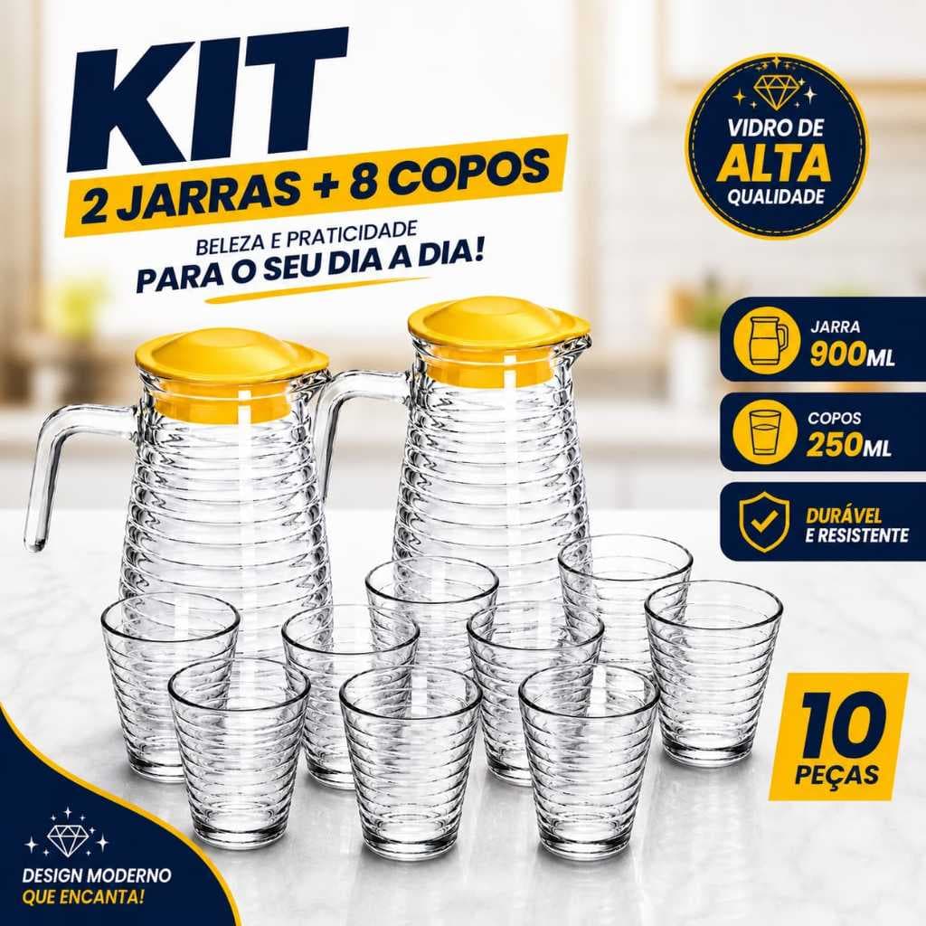 Kit Com 2  Conjunto Premium 5 Peças  Sendo 2 Jarra De Vidro Com Tampa 900ml + 8 Copos 250 Kit 2 Jarras +8 Copos