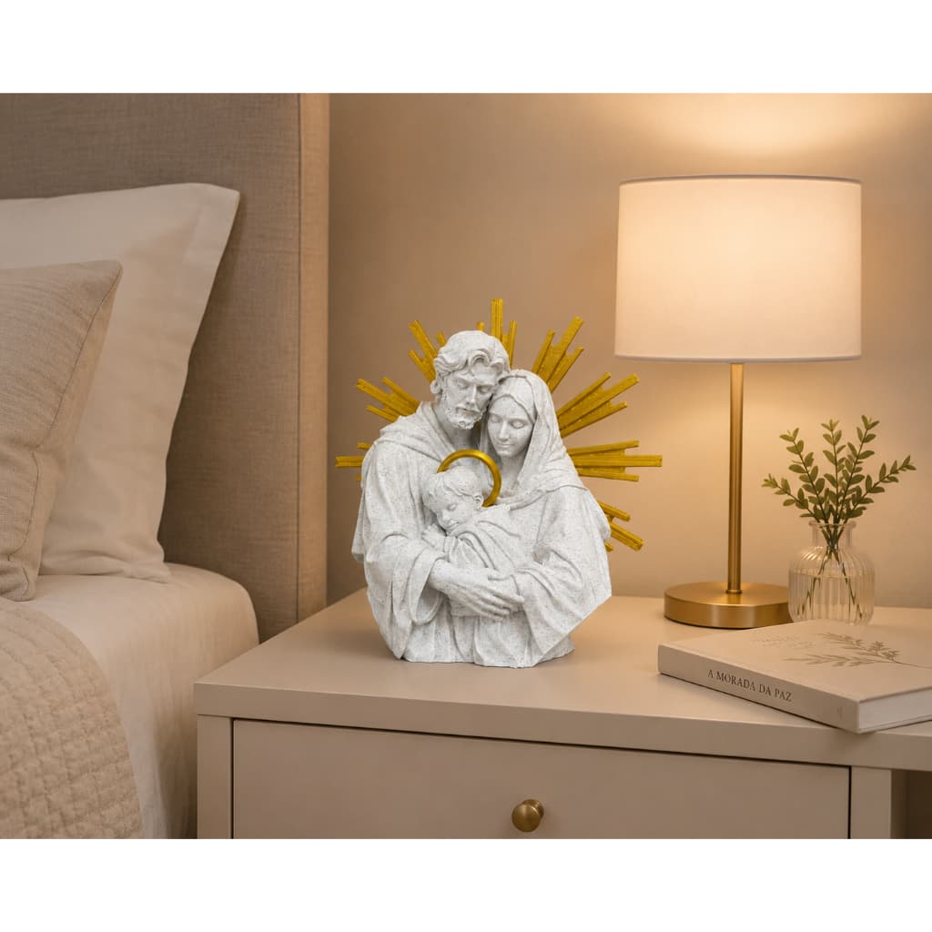 Escultura Sagrada Família Decorativa Católica – Imagem Religiosa de Mesa para Sala, Quarto, Capela e Presente de Fé