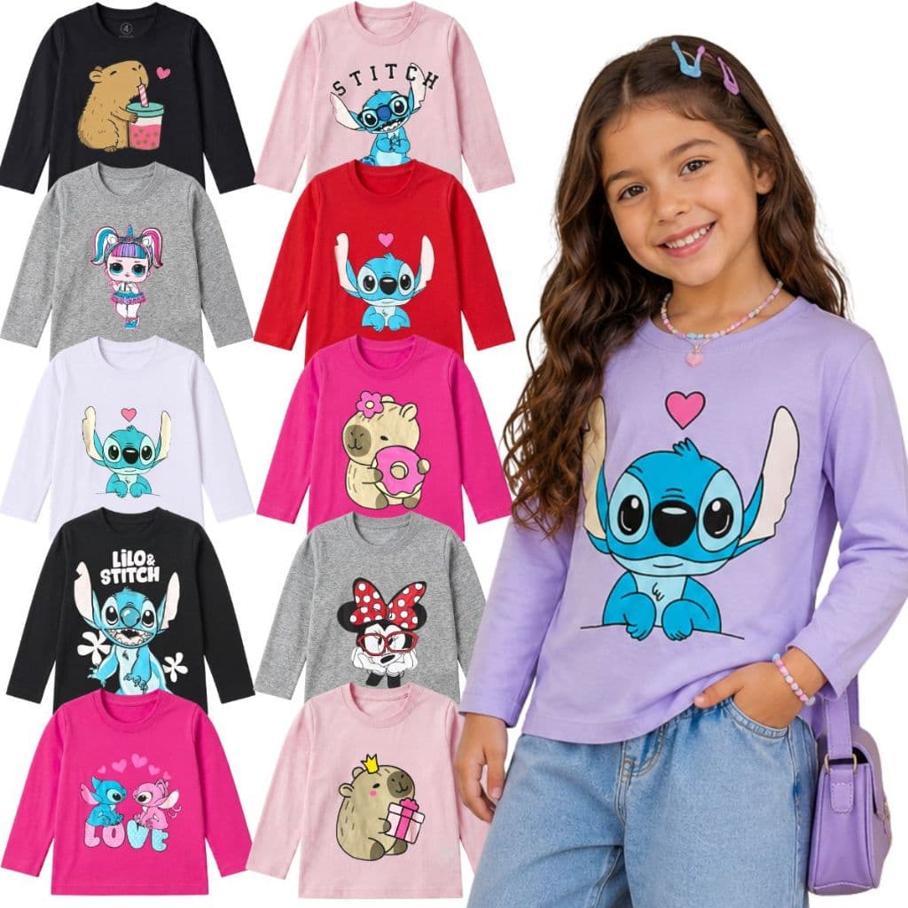 Kit Camiseta Manga Longa Infantil Feminina Sortida Tamanho 4 ao 8 - Roupa Infantil Menina